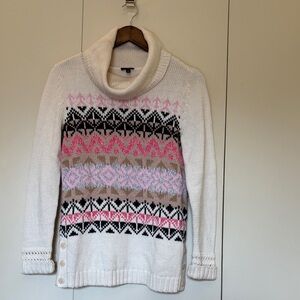 Talbots Fair Isle Cowl Neck Sweater - White, Pink, Black, Brown Button Detail XS